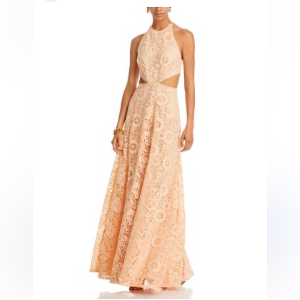 Sabina Musayev Peach Lace Halter Maxi Dress small backless